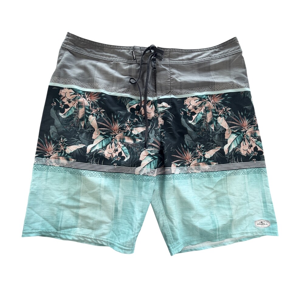 O'Neill Hyperfreak Shorts Mens 36 Aqua Gray Floral Boardshort Swim Trunks